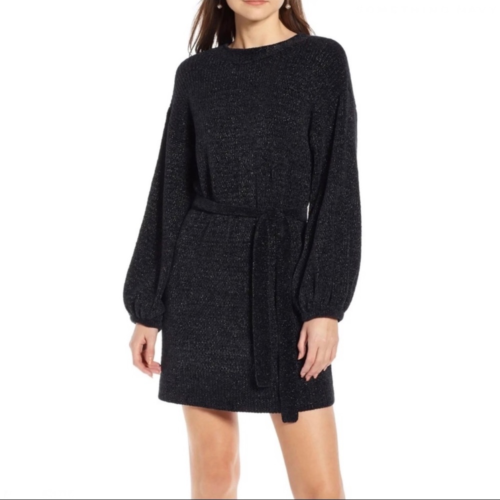 NEW SOMETHING NAVY BLACK SHIMMERING SWEATER DRESS